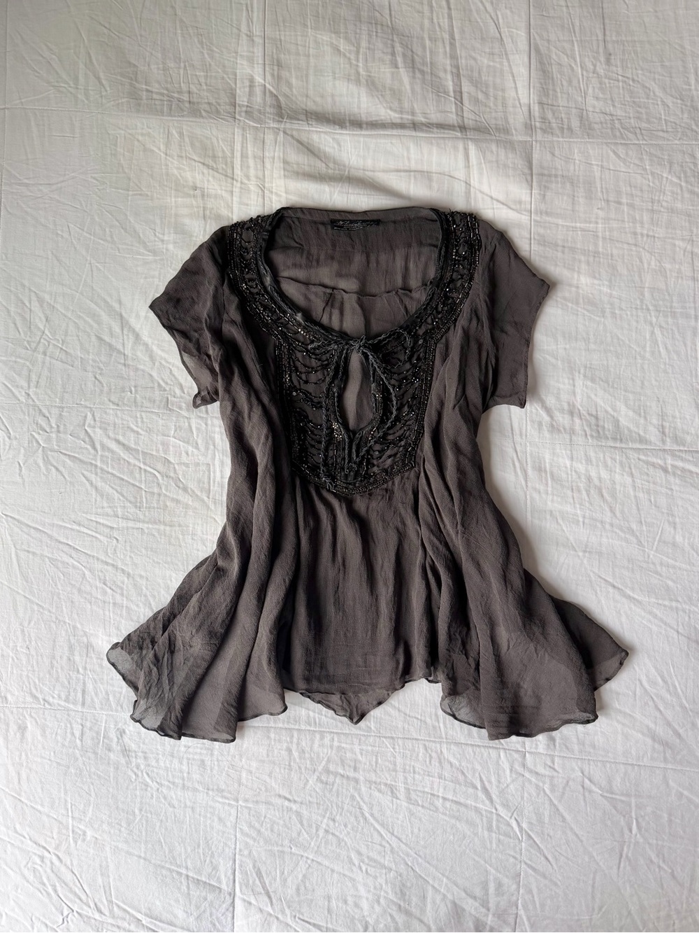 90s AllSaints Spitafields “Blanka” Grey Silk Hand Beaded Tunic Blouse Size 8
